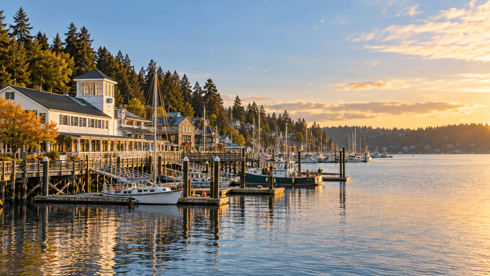 Gig Harbor marina and waterfront at golden hour