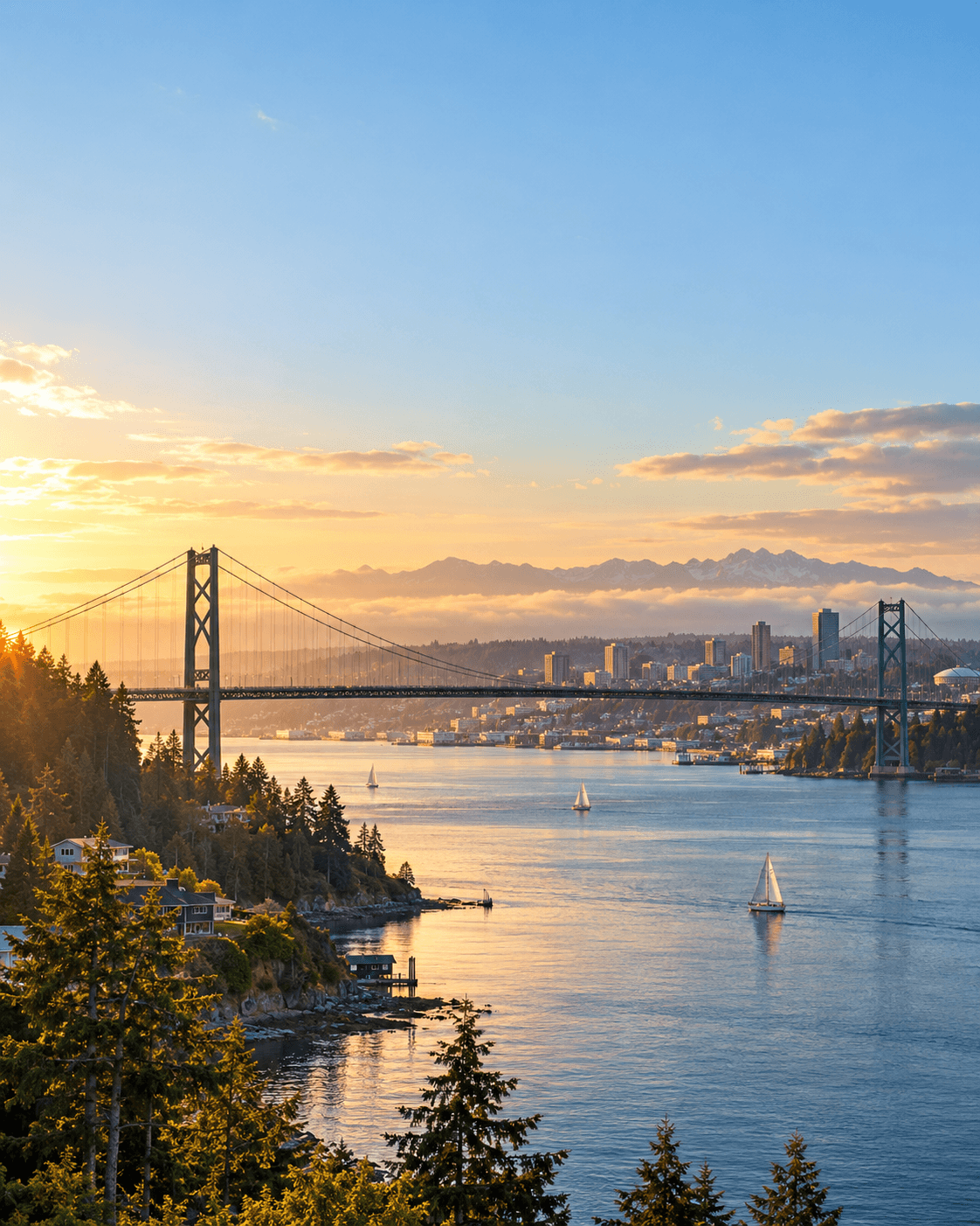 Suspension bridge over the water toward the Tacoma skyline at sunset